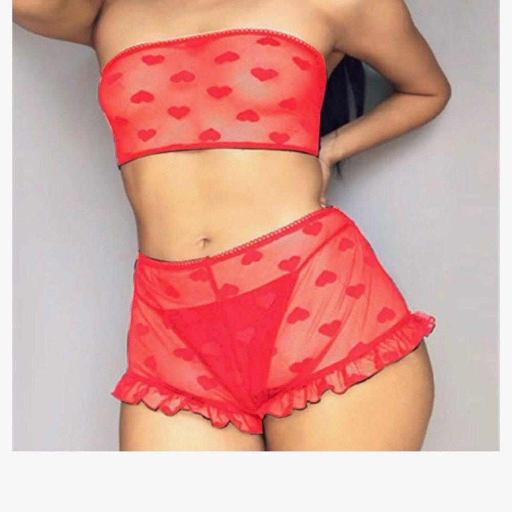 Red Heart Mesh Bandeau and Shorts Set